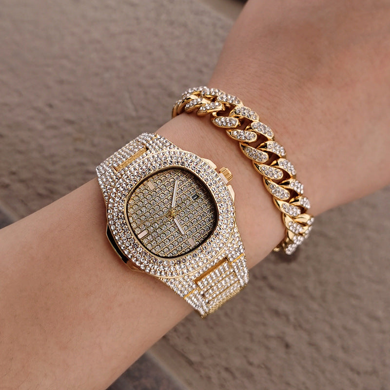 Cuban Chain Jewelry Set – Matching Necklace, Bracelet & Watch in Gold or Silver for Men & Women