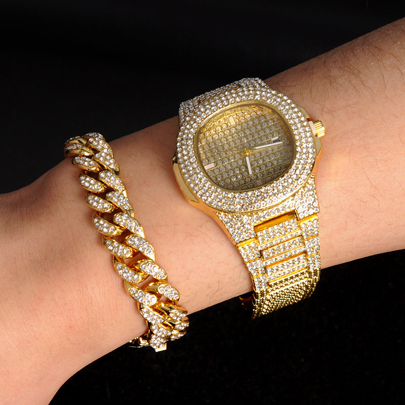 Cuban Chain Jewelry Set – Matching Necklace, Bracelet & Watch in Gold or Silver for Men & Women