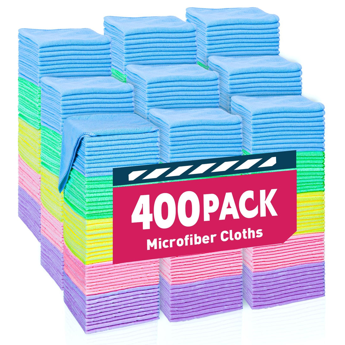 TEAWOO 400-Pack Microfiber Cleaning Cloths Bulk – Super Absorbent Lint-Free Car &amp; Home Cleaning Towels, 5 Colors, 12x12 Inch