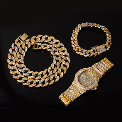 Cuban Chain Jewelry Set – Matching Necklace, Bracelet &amp; Watch in Gold or Silver for Men &amp; Women