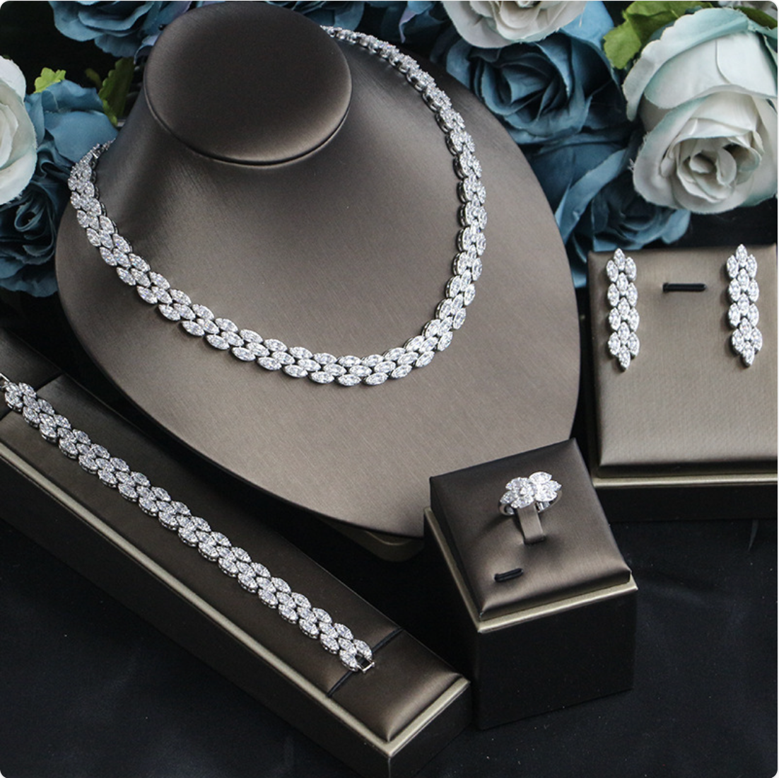 Elegant Floral Wedding Jewelry Set – Silver Copper Necklace, Ring, Earrings &amp; Bracelet for Women