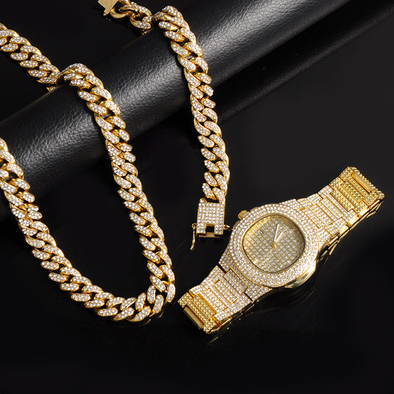 Cuban Chain Jewelry Set – Matching Necklace, Bracelet &amp; Watch in Gold or Silver for Men &amp; Women