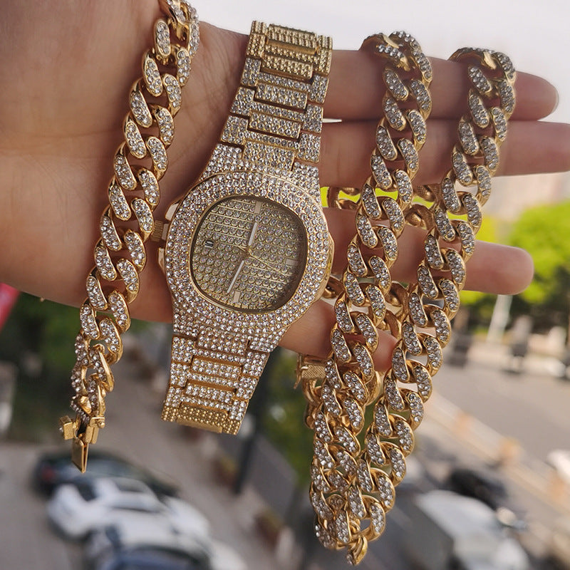 Cuban Chain Jewelry Set – Matching Necklace, Bracelet &amp; Watch in Gold or Silver for Men &amp; Women