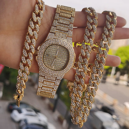 Cuban Chain Jewelry Set – Matching Necklace, Bracelet &amp; Watch in Gold or Silver for Men &amp; Women