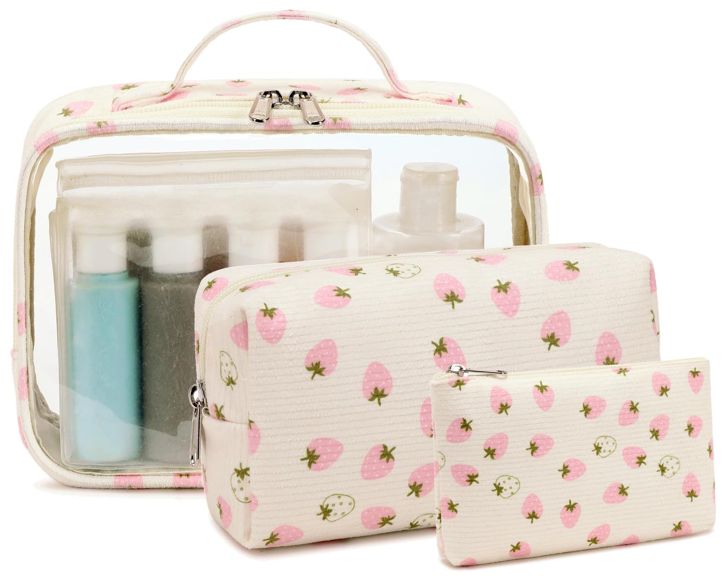 Bluboon 3-Piece Makeup Bag Set for Women – Clear Travel Toiletry Bag with Zipper, Corduroy Cosmetic Pouches