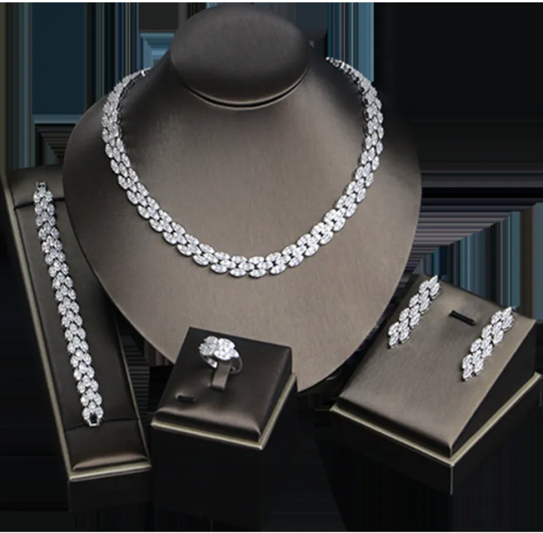 Elegant Floral Wedding Jewelry Set – Silver Copper Necklace, Ring, Earrings &amp; Bracelet for Women