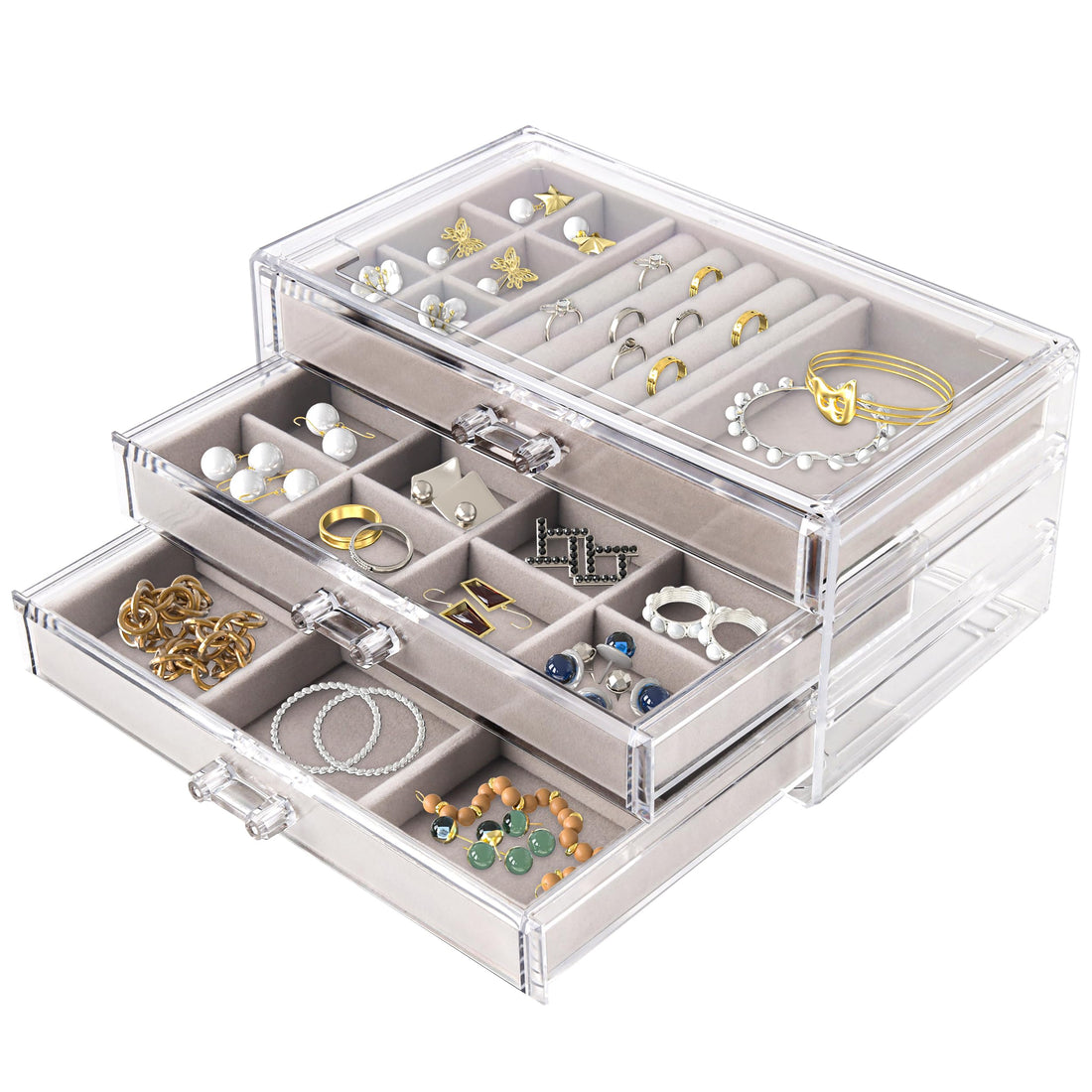Hmdivor Clear Acrylic Jewelry Organiser with 3 Drawers &amp; Velvet Trays – Earring &amp; Jewellery Storage Display Box for Women