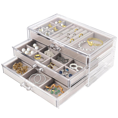 Hmdivor Clear Acrylic Jewelry Organiser with 3 Drawers &amp; Velvet Trays – Earring &amp; Jewellery Storage Display Box for Women