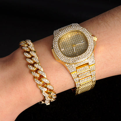 Cuban Chain Jewelry Set – Matching Necklace, Bracelet &amp; Watch in Gold or Silver for Men &amp; Women