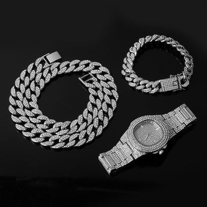 Cuban Chain Jewelry Set – Matching Necklace, Bracelet &amp; Watch in Gold or Silver for Men &amp; Women